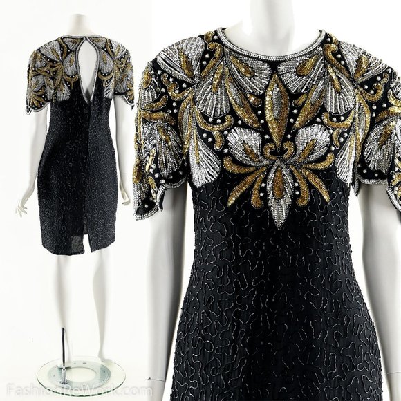 Beaded Silk Dress,Sequin Silk Dress,Heavily Beaded Black Dress,Ornate Baroque Dr - Picture 1 of 10